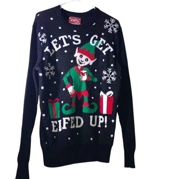 Lets Get Elfed Up Holiday Sweater S Hybrid Cotton/Polyester Black - Picture 1 of 5
